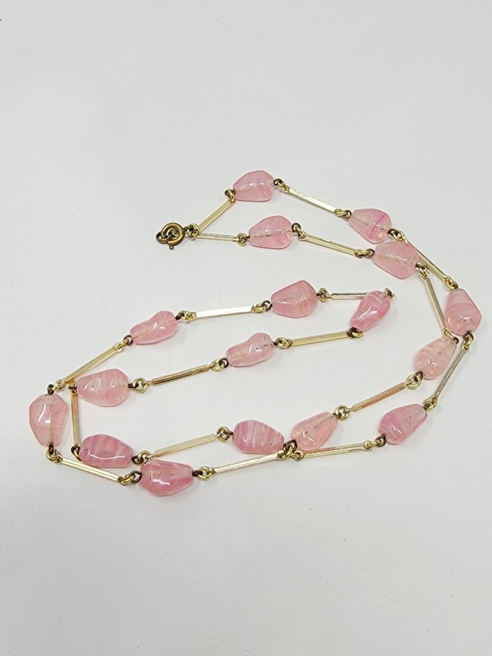 #12 Vintage Gold tone Pink and White Marbled Glass Choker necklace